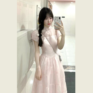新中式粉色盘扣立领泡泡袖，连衣裙女夏季收腰显瘦仙女绝美长裙