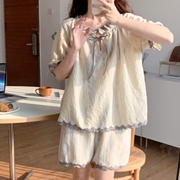 韩版甜美蕾丝系带条纹纯棉纱布睡衣女夏季短袖短裤家居服两件套装