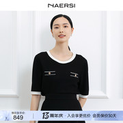 naersi娜尔思黑色，低圆领短袖套头针织衫，2024春时尚通勤上衣