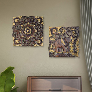 泰国电视沙发背景墙实木装饰雕花板门厅玄关中式复古怀旧木雕挂画