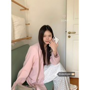 kumikumi高级感粉色西装外套女装春季气质中长款宽松灰色西服上衣