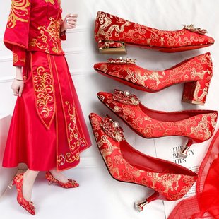 红秀禾服婚鞋女2023红色高跟粗跟孕妇中式新娘结婚敬酒红鞋春