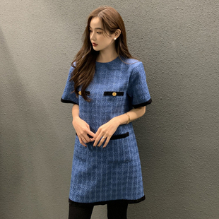 韩国chic秋季气质小香风，圆领撞色拼接设计宽松短袖，小个子连衣裙女