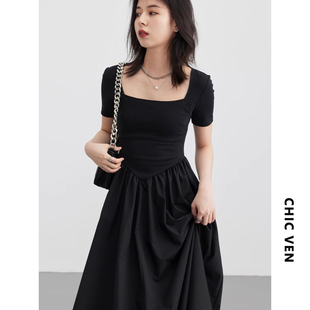 chicven「夏日度假」韩系气质，套头收腰黑色长裙连衣裙闺蜜装