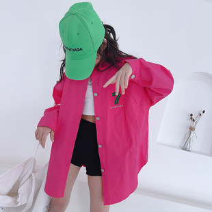 韩版女童装小众设计感粉色字母中长款衬衫2024潮范百搭外套潮