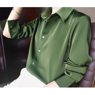 春秋夏季加大码缎面衬衫胖妹mm200斤宽松显瘦抹茶绿长袖衬衣