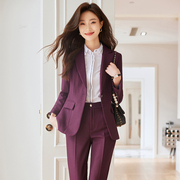 春秋女士西装外套西服上衣修身长袖常规休闲纯色职业套装紫蓝黑色