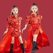 女童旗袍中国风潮服国潮走秀礼服裙套装红色模特演出服少儿民