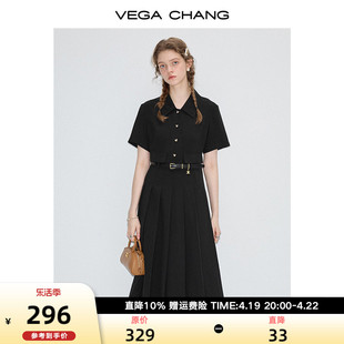 VEGA CHANG黑色连衣裙女2024年夏季设计感显瘦气质百褶衬衫裙