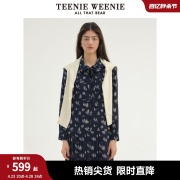 TeenieWeenie小熊2024年柔软雪纺百褶满印衬衫连衣裙气质长裙宽松