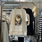 欧洲站2024春夏女士卡通猫咪印花钉珠下摆拼接短袖T恤欧货潮