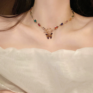 彩色水晶蝴蝶项链女法式复古轻奢锁骨链颈链，气质甜酷高级感项饰品