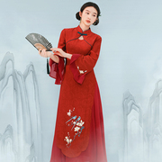 素萝原创半隐红新中式，改良长款旗袍，2023春夏国风刺绣立领连衣裙