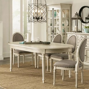 美式乡村餐桌椅组合复古做旧欧式实木客厅饭桌，家具法式椭圆餐桌