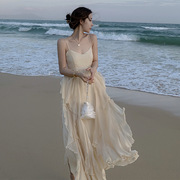 法式超仙度假沙滩裙女海南三亚旅游性感露背吊带荷叶边连衣裙泰国