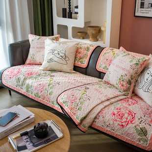 美式浪漫风情田园沙发垫加厚秋冬绒感沙发坐垫粉色花卉沙发套罩巾