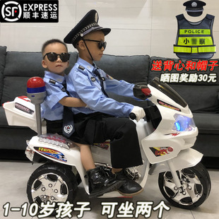 警察车三轮车儿童电动摩托车小孩，可坐双人骑玩具车充电车男孩大号