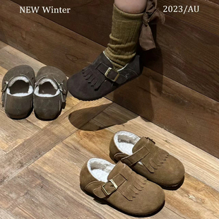 2023韩版童鞋冬季款女童宝宝，魔术贴真皮，棉鞋儿童复古磨砂流苏鞋子
