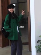 单色毛衣女(毛衣女，)韩国hone绿色，羊毛高品质中长款针织开衫外套