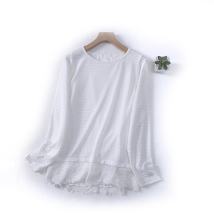 d11-1秋季女装圆领条纹蕾丝，雪纺拼接假两件宽松休闲长袖t恤衫