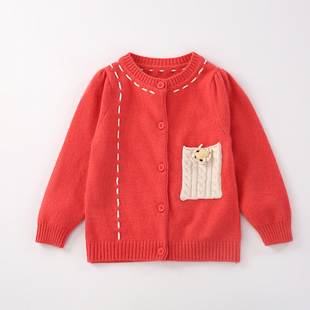 西瓜红单股薄款童装羊绒衫，毛衣开衫中大童女孩，圆领羊毛衫线衣外套