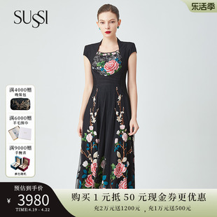 SUSSI/古色24春夏商场同款黑色牡丹刺绣收腰显瘦立领连衣裙女