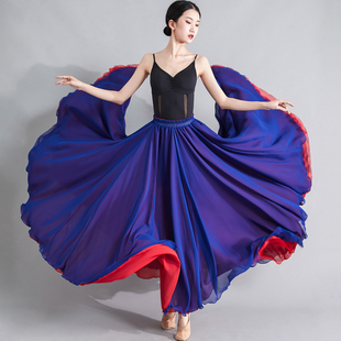 720度双面穿大红宝蓝色s雪纺，新疆舞蹈裙子2022年夏双层(夏双层)大摆半身裙
