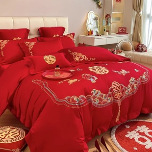 中式刺绣结婚四件套大红婚房被套，纯棉全棉高档婚庆，床上用品六件套