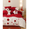 简约新婚庆(新婚庆)红色，四件套全棉100支毛巾，刺绣花纯棉结婚被套床单床品