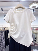 设计感不规则短袖t恤女夏季褶皱收腰圆领盘扣显瘦上衣0.15