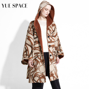 YUESPACE双面羊毛大衣女士宽松毛呢斗篷外套秋冬时尚中长款印花