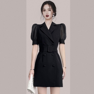 高级感职场双排扣v领连衣裙，女2024年夏季设计感泡泡袖黑色西装裙