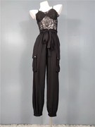 外贸单跨境性感黑色透视蕾丝甜酷吊带工装束脚萝卜连体裤长裤