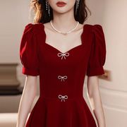 2024夏季蝴蝶结红色连衣裙女棉质显瘦小个子，短袖时尚大码长裙