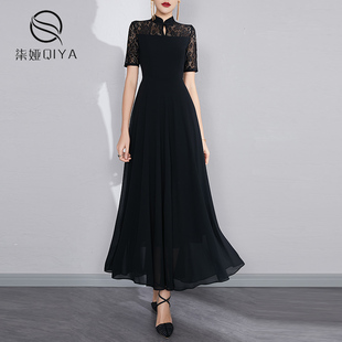 黑色蕾丝连衣裙2024气质，收腰显瘦大摆雪纺波，西米亚长裙女夏装