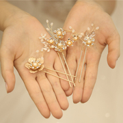 金色欧美风新娘手工花朵，发簪子盘发发插结婚礼服婚纱头饰套装