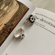 欧美宫廷风925纯银方形滴釉珍珠花朵戒指 复古时尚开口气质戒指环