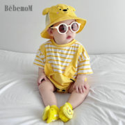 男女宝婴童衣服0-2岁小黄熊短袖夏装棉质三角包屁衣套装条纹哈衣
