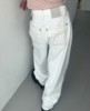 uniquesei韩版街头蝴蝶结，刺绣印花裤兜奶，白色直筒宽松牛仔长裤