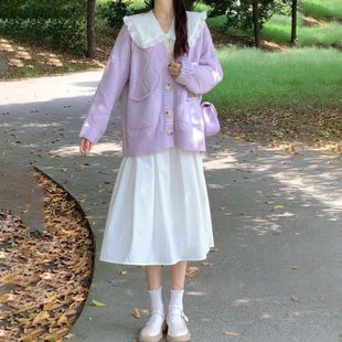 日系奶甜学院风温柔紫V领针织衫毛衣+轻颜显瘦娃娃领连衣裙两件套
