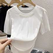 泡泡袖T恤女设计感小众夏季法式圆领宽松显瘦洋气短袖雪纺上衣潮