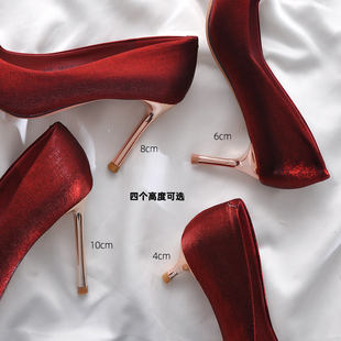 法式红色婚鞋冬季缎面尖头高跟鞋，新娘鞋酒红色小码女鞋大码41-43