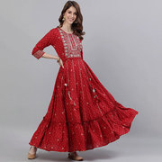 印度女装纯棉连衣裙刺绣，大摆舞蹈裙，a字长裙收腰显瘦红色9084