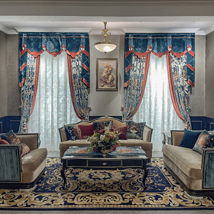 别墅欧式复古真丝绒客厅卧室全屋高窗窗帘美式中式丝绒纱法式
