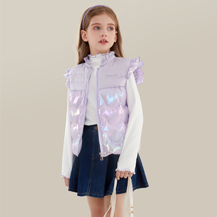儿童洋气背心童装小飞袖木耳边女孩紫色亮面坎肩冬季羽绒马甲时尚