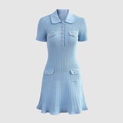 2024夏季法式设计浅蓝色珍珠钻扣POLO领短袖修身针织裙中短连衣裙