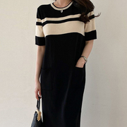 韩国chic夏季法式复古圆领拼色设计宽松休闲短袖针织连衣裙长裙女