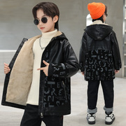 童装皮衣外套加绒加厚中大童夹克，2023韩版儿童中长款冬装男童