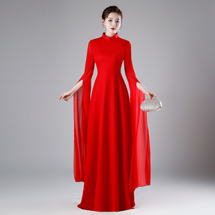 红色走秀旗袍年轻款，舞台演出服大合唱，礼服女长裙中国风连衣裙