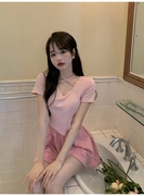 系带多穿粉色短袖T恤女2023夏季韩版设计感显瘦阔a字裤热裤两件套